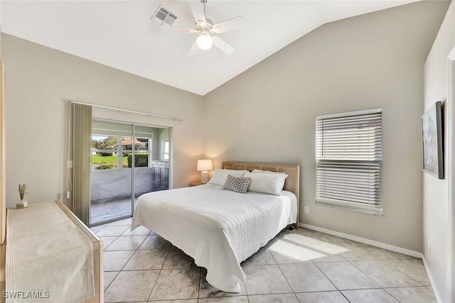 bedroom with access to outside, visible vents, baseboards, and light tile patterned flooring