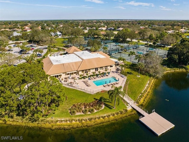 drone / aerial view with a water view