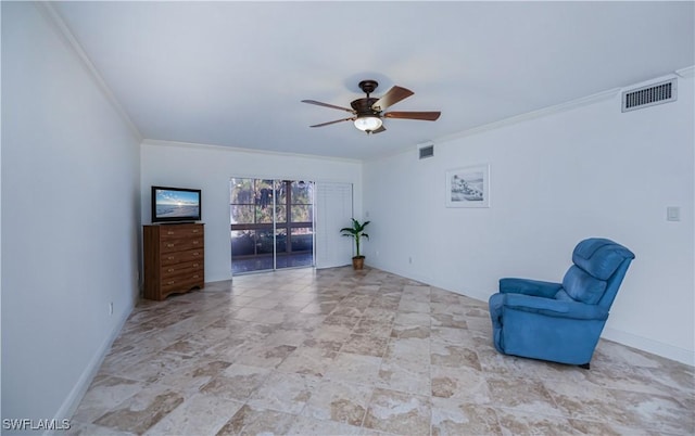 unfurnished room with crown molding, ceiling fan, stone finish floors, and baseboards