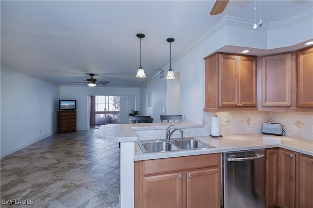 kitchen with ceiling fan, stainless steel dishwasher, a sink, tasteful backsplash, and a peninsula