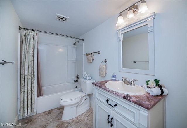 full bath with toilet, shower / tub combo with curtain, and vanity