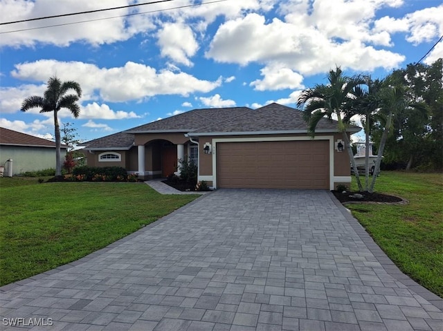 single story home with an attached garage, a front lawn, decorative driveway, and stucco siding