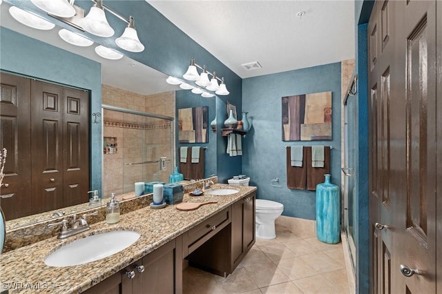 bathroom with toilet, a sink, visible vents, and a shower stall