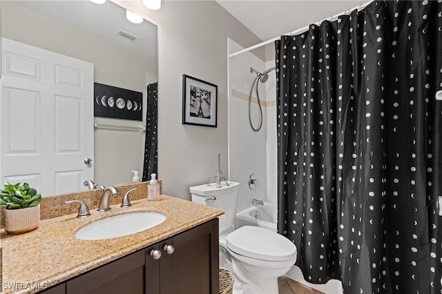 bathroom with visible vents, toilet, shower / bath combo with shower curtain, vanity, and tile patterned flooring