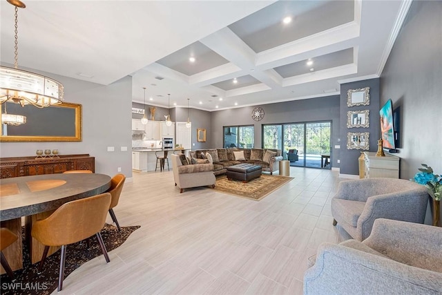 living area with coffered ceiling, a high ceiling, crown molding, beam ceiling, and recessed lighting