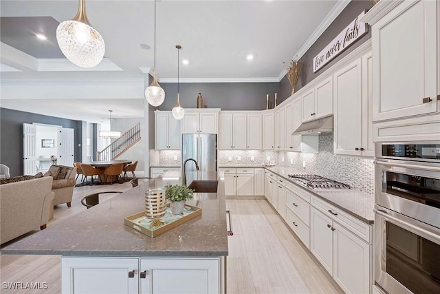 kitchen with crown molding, stainless steel appliances, decorative backsplash, a sink, and under cabinet range hood