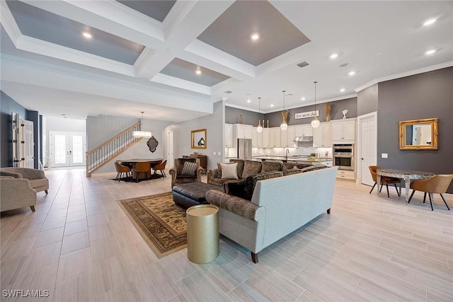 living area with recessed lighting, coffered ceiling, visible vents, beam ceiling, and crown molding