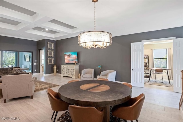 dining room featuring beam ceiling, ornamental molding, a chandelier, coffered ceiling, and baseboards