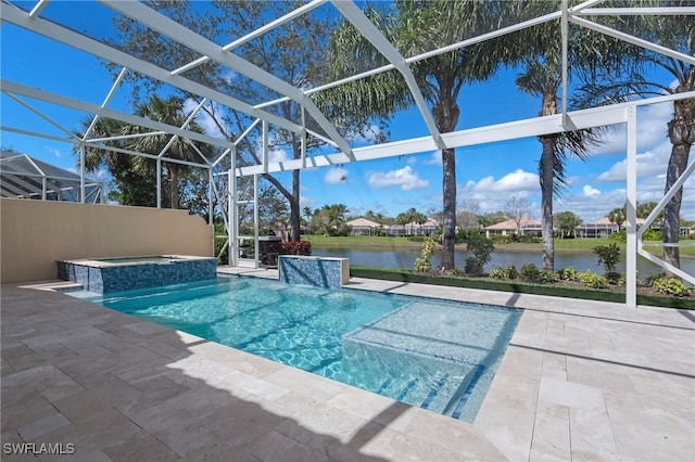 view of swimming pool featuring a patio, a water view, a lanai, and a pool with connected hot tub