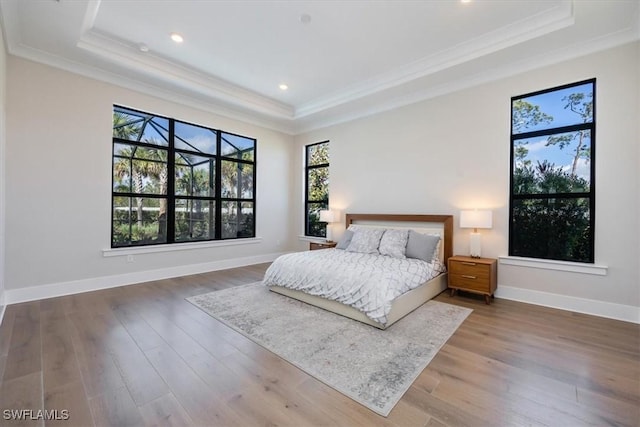 bedroom with wood finished floors, a raised ceiling, and crown molding