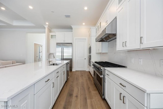 kitchen with built in appliances, under cabinet range hood, a sink, white cabinetry, and visible vents