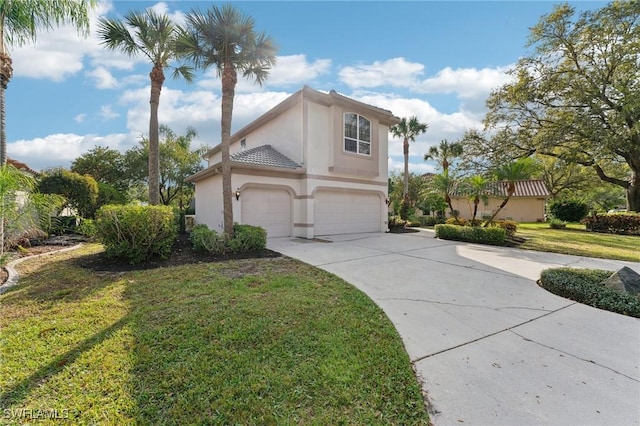 view of side of home with driveway, a lawn, an attached garage, and stucco siding