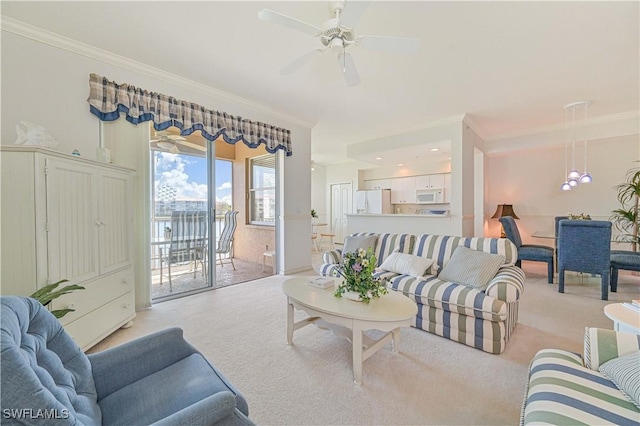 living room with light carpet and crown molding