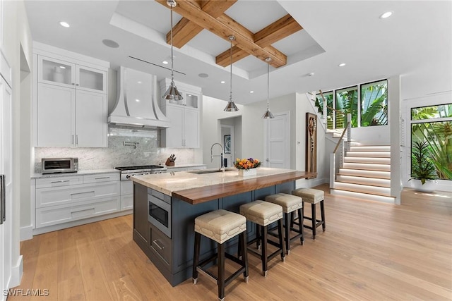 kitchen featuring light wood finished floors, decorative backsplash, custom exhaust hood, stainless steel appliances, and white cabinetry