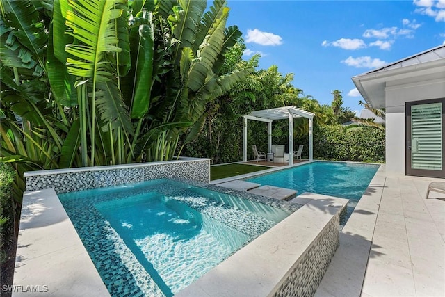 outdoor pool with a patio and a pergola