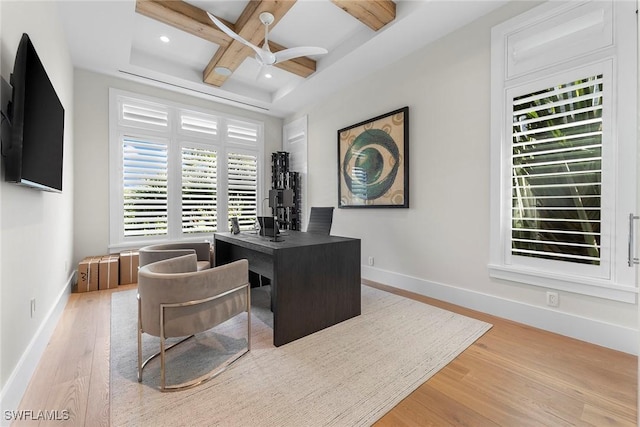 office area with beam ceiling, a ceiling fan, wood finished floors, coffered ceiling, and baseboards