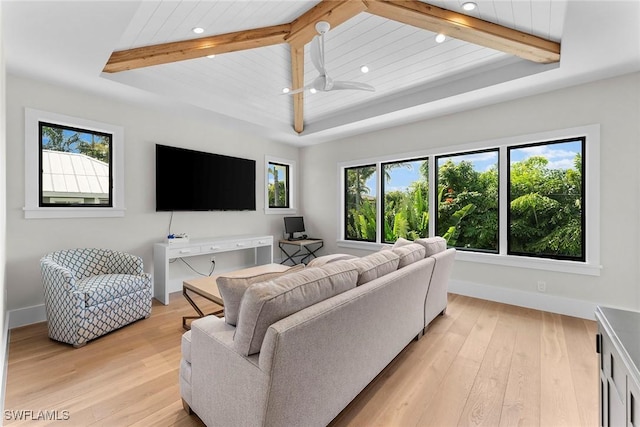 living area with ceiling fan, light wood finished floors, beam ceiling, and baseboards