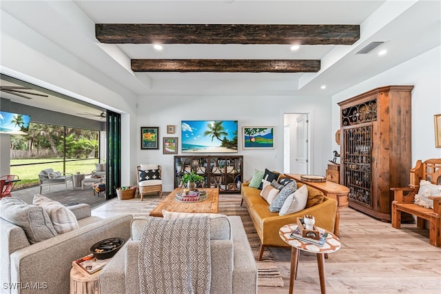 living area with ceiling fan, recessed lighting, visible vents, beam ceiling, and light wood finished floors