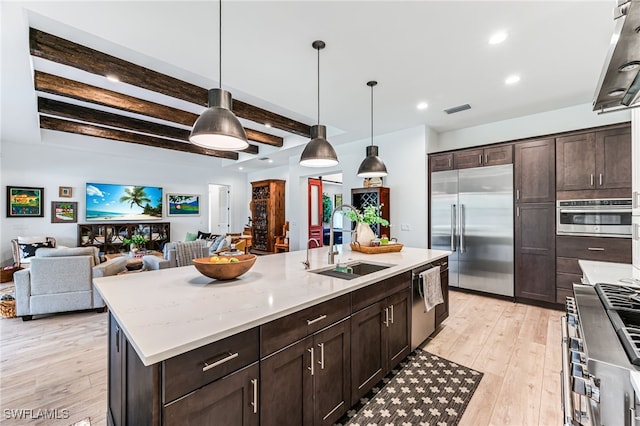 kitchen with light wood finished floors, open floor plan, a sink, dark brown cabinets, and high quality appliances