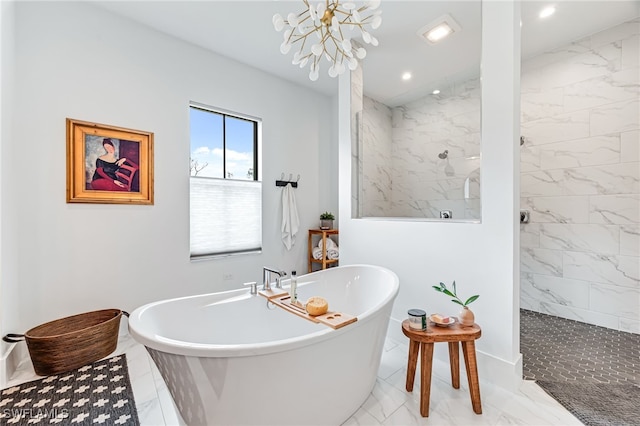 full bathroom with recessed lighting, marble finish floor, a freestanding tub, and a marble finish shower