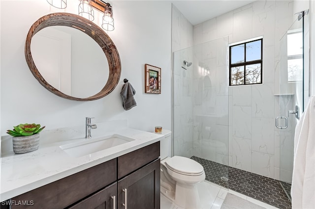 bathroom with toilet, a shower stall, and vanity