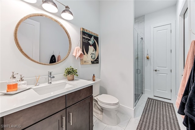 bathroom featuring marble finish floor, a shower stall, toilet, and vanity