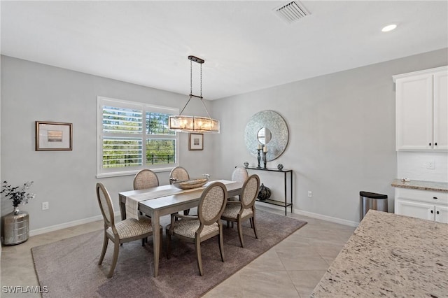 dining space featuring light tile patterned floors, baseboards, visible vents, an inviting chandelier, and recessed lighting