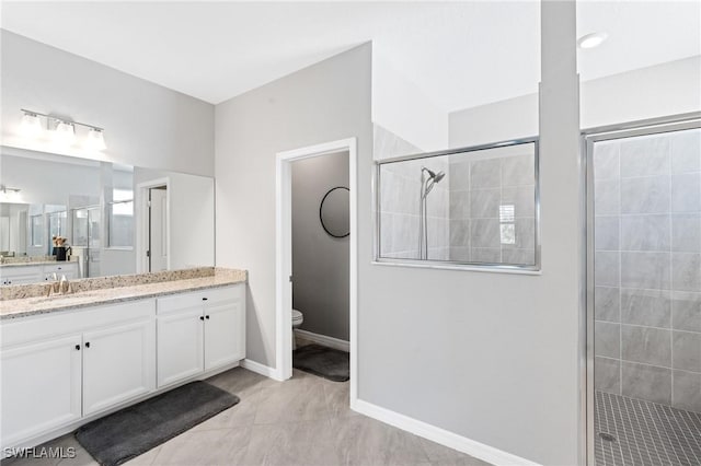 bathroom with a shower stall, toilet, and vanity