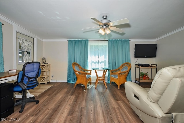 office area with ceiling fan, crown molding, baseboards, and wood finished floors