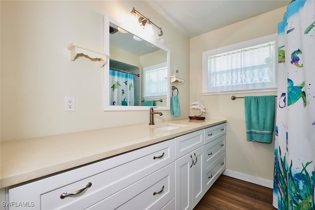 bathroom featuring wood finished floors, vanity, and baseboards