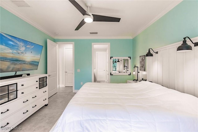 bedroom with visible vents, ornamental molding, and a ceiling fan