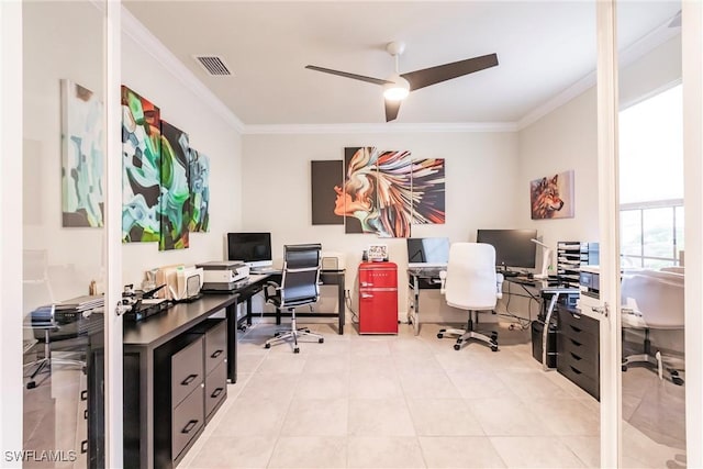 office space featuring ornamental molding, visible vents, and a ceiling fan