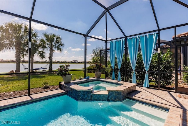 view of swimming pool with a patio area, glass enclosure, a water view, and a pool with connected hot tub