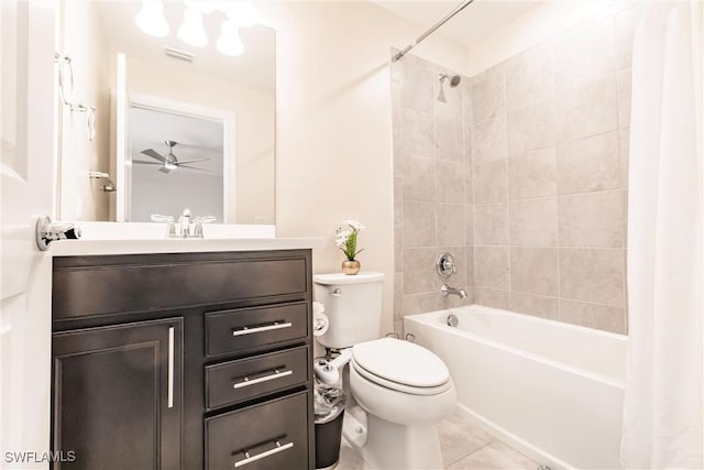 bathroom featuring visible vents, toilet, tile patterned floors, shower / bathtub combination with curtain, and vanity