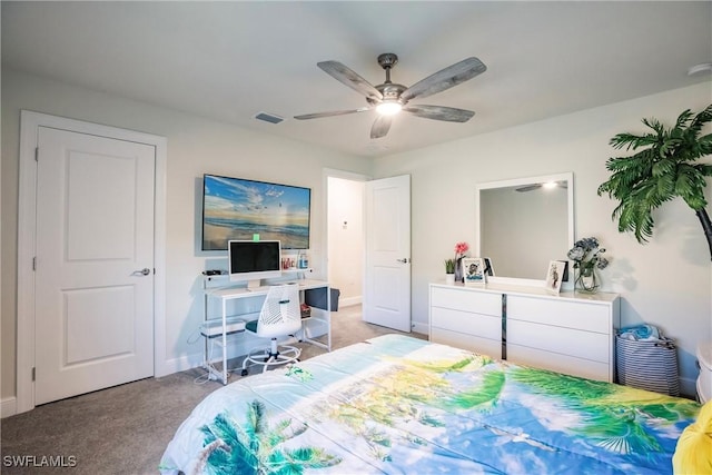 bedroom featuring a ceiling fan, light colored carpet, visible vents, and baseboards