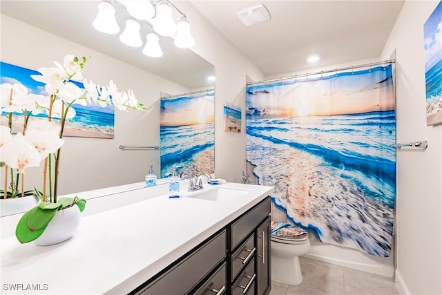 full bath featuring toilet, vanity, a shower with shower curtain, and tile patterned floors