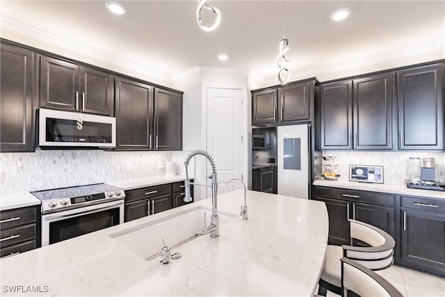 kitchen with stainless steel range with electric stovetop, a sink, ornamental molding, and tasteful backsplash