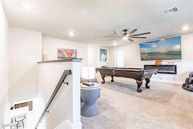 game room with ceiling fan, pool table, visible vents, baseboards, and carpet