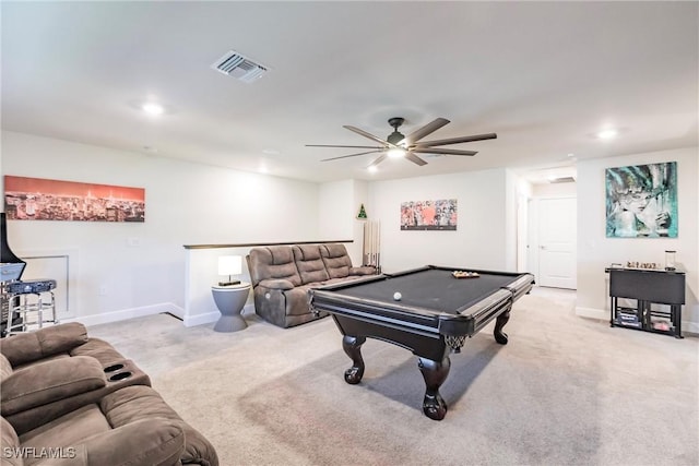 game room with baseboards, visible vents, and light colored carpet