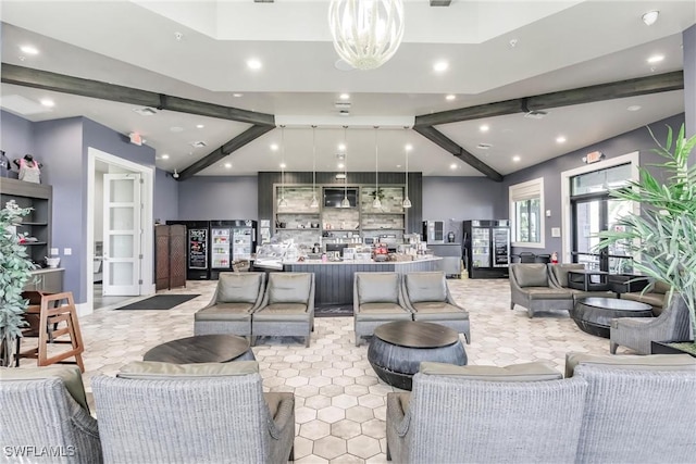 living area with recessed lighting and lofted ceiling with beams