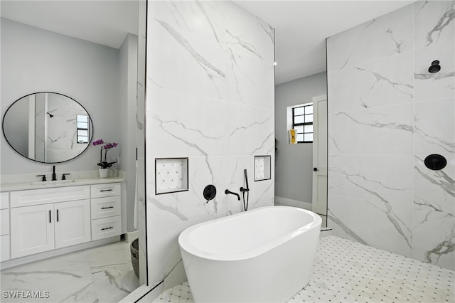 1474 Saint Clair Shores Rd, Naples, FL 34104 - bathroom featuring a freestanding bath, vanity, a marble finish shower, marble finish flooring, and tile walls