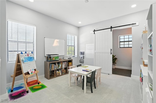 1474 Saint Clair Shores Rd, Naples, FL 34104 - playroom featuring a barn door, light carpet, and recessed lighting