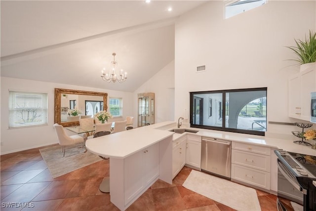 kitchen with visible vents, range with electric stovetop, stainless steel dishwasher, a peninsula, and white cabinets