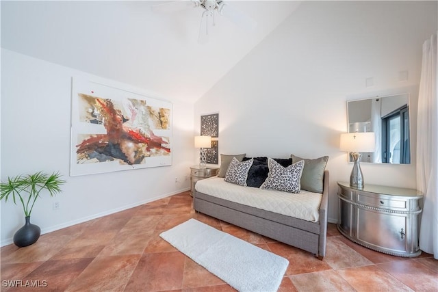 living room featuring ceiling fan, baseboards, and high vaulted ceiling