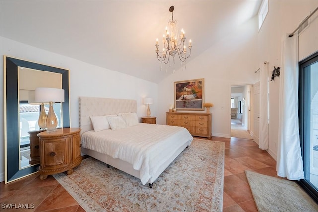 bedroom with light tile patterned floors, baseboards, high vaulted ceiling, and a chandelier