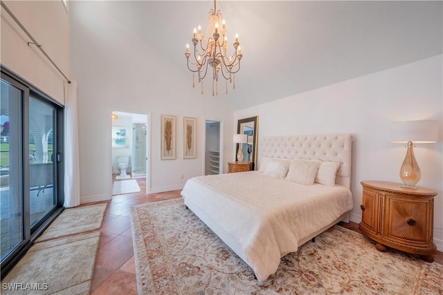 bedroom with a notable chandelier, high vaulted ceiling, light tile patterned flooring, baseboards, and access to exterior