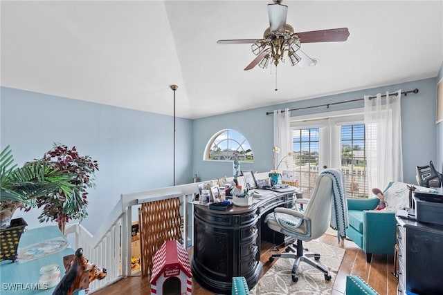 home office with french doors, a ceiling fan, and wood finished floors