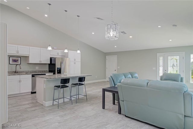 living room with recessed lighting, visible vents, baseboards, and high vaulted ceiling