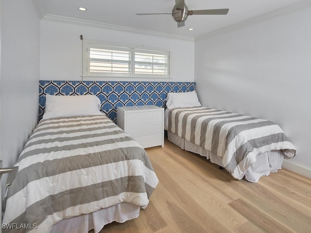 bedroom with ornamental molding, recessed lighting, a ceiling fan, and wood finished floors