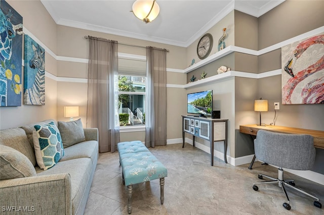 tiled office featuring baseboards and crown molding